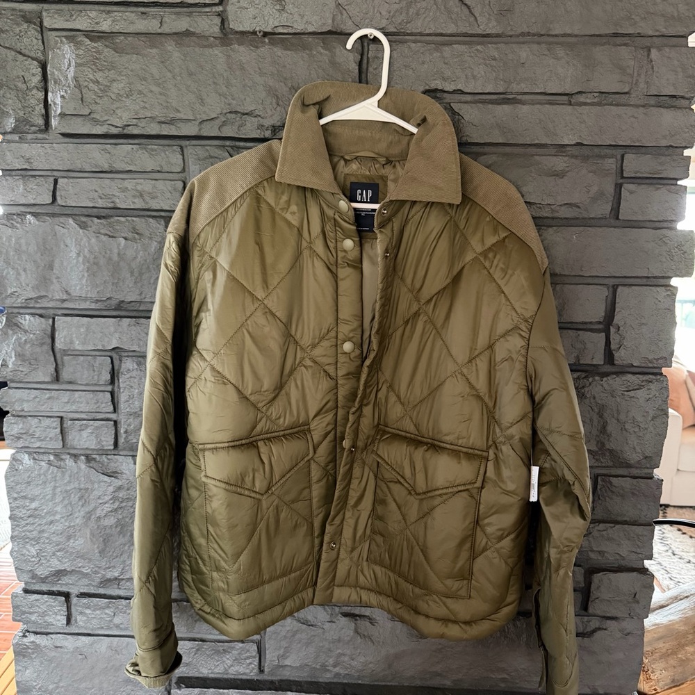 GAP Women's Olive Quilted Jacket with Corduroy Detail